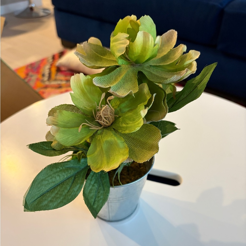 Green Artificial Flower Arrangement in Silver Pot